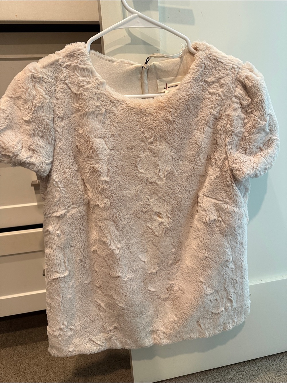 Anthropologie Short-Sleeve Faux Fur Top in Cream